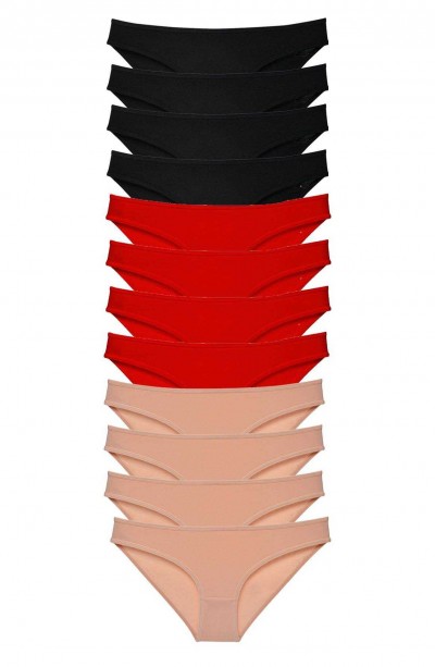 12 adet Süper Eko Set Likralı Kadın Slip Külot Siyah Kırmızı Ten