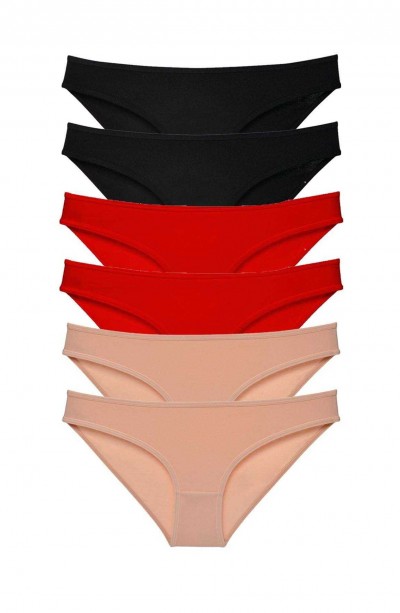 6 adet Süper Eko Set Likralı Kadın Slip Külot Siyah Kırmızı Ten