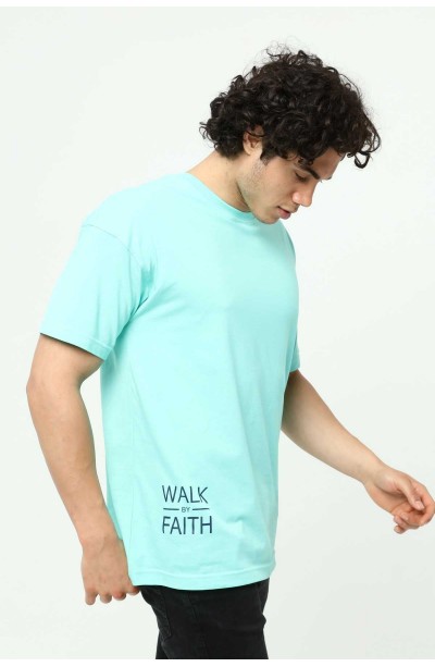 Walk By Faith Baskılı Su Yeşili Erkek Oversize T-Shirt