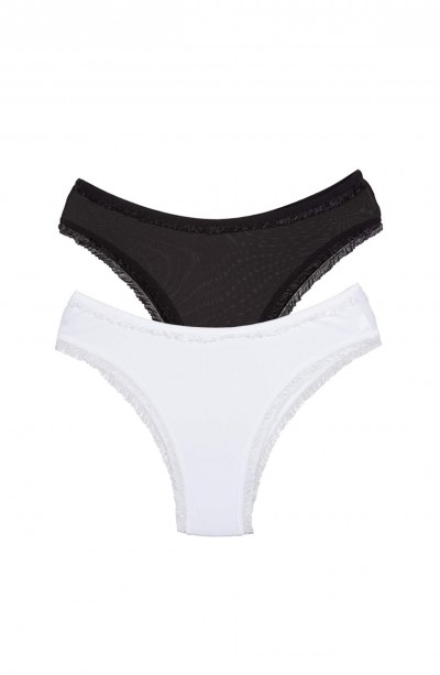 2 Adet Kadın Mikro Bikini Külot İnce Lastik FırFır Kenarlı Yumuşak Doku İç Giyim Siyah Beyaz