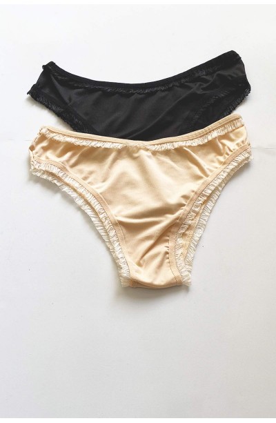 2 Adet Kadın Mikro Bikini Külot İnce Lastik FırFır Kenarlı Yumuşak Doku İç Giyim Siyah Ten