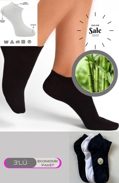 3 lü Bambu Topuk Burun Dikişsiz Takviyeli Kadın Patik Çorap 1000-Çok-Rekli-3-lü