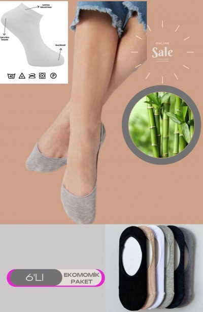 6lı Bambu Topuk Burun Dikişsiz Görünmez Spor Kadın Babet Çorap Pamuk 1010-6lı