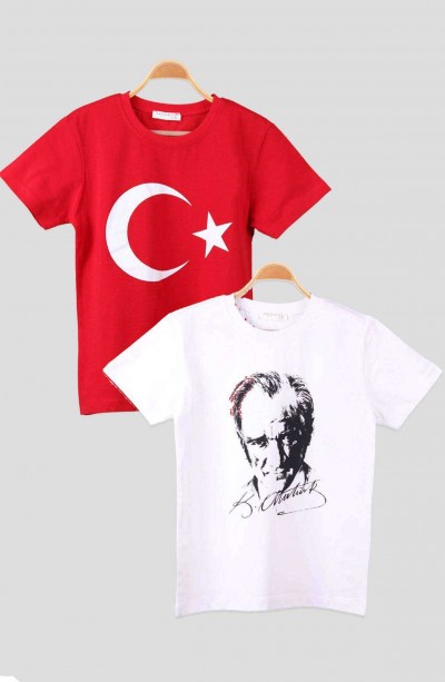 Atatürk ve İmzası Ay Yıldız Bayrak Baskılı Kombin Penye Kadın Beyaz Kırmızı T-shirt