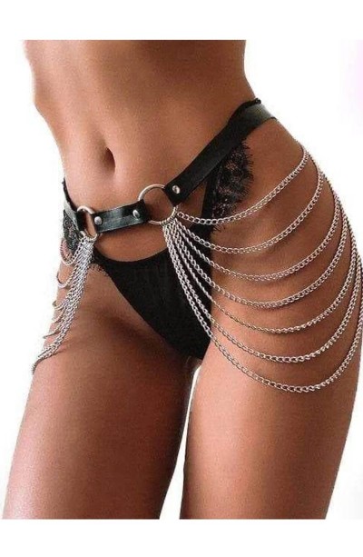 Beli Deri İle Tutturulmuş Zincir İle Süslenmiş Sexi Harness 0233