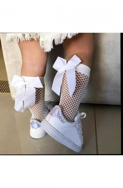 Beyaz Fileli Diz Altı Fiyonklu Kız Çocuk Çorap