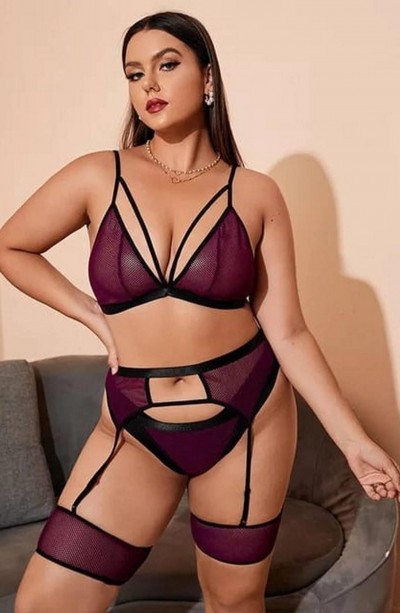 Bordo Noktalı Jartiyer Sexi Sütyen Külot Takım  51150BT