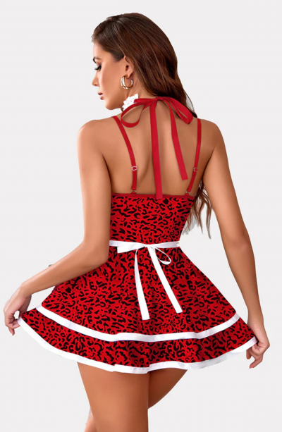 Dantelli Beyaz Kırmızı Fantezi Hizmetci Kostümü Sexi takım 52604BK