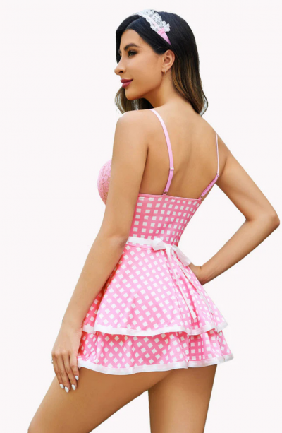 Dantelli Pembe Baskılı Fantezi Hizmetci Kostümü Sexi takım 52604P