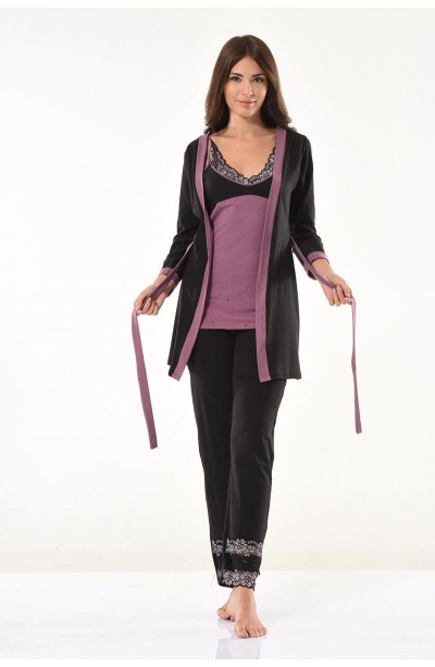 Derya Kurşun Dantel Detaylı Gecelik Sabahlık Takım 1043