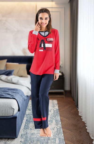 Derya Kurşun Kurdela Baskılı Uzun Kol Kadın Pijama Takım 1108