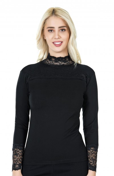 Derya Kurşun Uzun Kol Balıkçı Yaka Dantelli Kadın Tişört 241