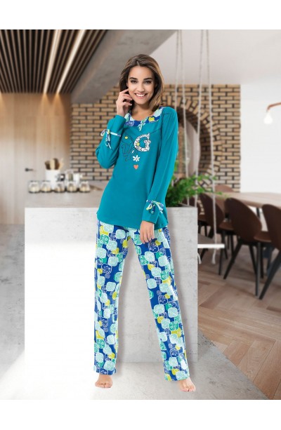 Derya Kurşun Uzun Kol Desenli Kadın Pijama Takım 1111