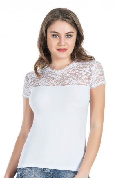 Derya Kurşun Yarım Kol Dantelli Kadın Tişört 240