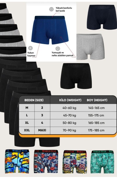 Erkek Boxer Şort 3 Lü Lyra Pamuklu Düz Karışık Siyah-Gri-Lacivert DY2005 DY2005-3