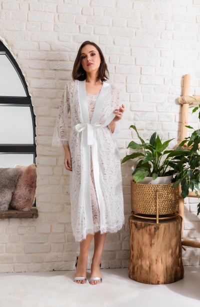 GELİN SET TRANSPARAN MİDİ BOY KUŞAKLI SABAHLIK EKRU (MGP12176)