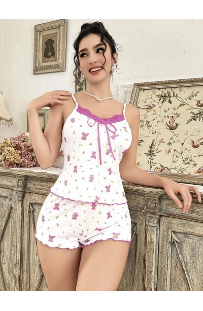 Kadın Ayıcık ve Çiçek Desenli Şortlu Gecelik Takım 5113