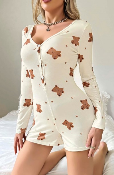 Kadın Bej Ayıcık Desenli Pijama Tulumu 5123