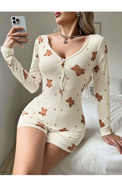 Kadın Bej Ayıcık Desenli Pijama Tulumu 5123