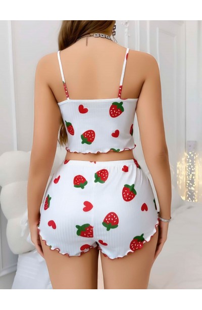 Kadın Beyaz Çilek desenli Şortlu Pijama Takımı 5053