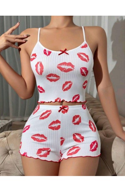 Kadın Beyaz Dudak Desenli Seksi Gecelik Takım 5021