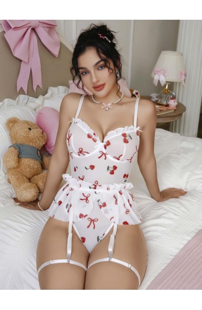 Kadın Beyaz Kiraz Desen Detaylı Fantezi Kostüm 2239