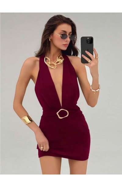 Kadın Bordo Aksesuar Detaylı Boyundan Bağlamalı Şık Tasarım Fantezi Elbise 5140