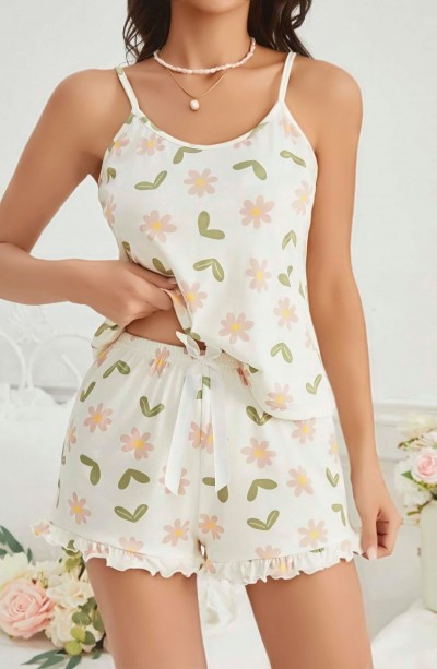 Kadın Ekru Çiçek Baskılı Şortlu Gecelik Pijama Takımı 5047