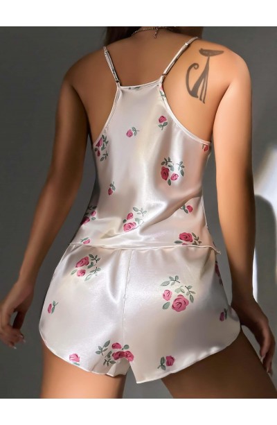 Kadın Ekru Gül Desenli Askılı Dantel Üst Pijama Takımı 2222