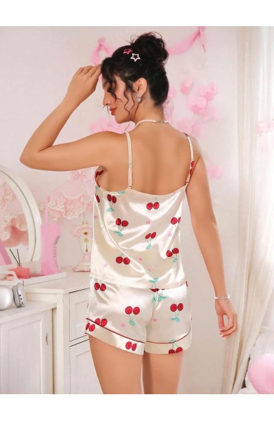 Kadın Ekru Kiraz Desenli Saten Şort Pijama Takımı 2226