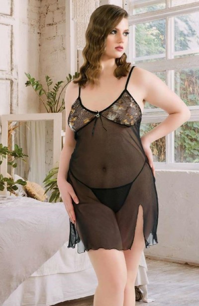 Kadın Fantezi Büyük Beden Tül Gecelik Harness Erotik Kıyafet 5300 Siyah - Royaleks