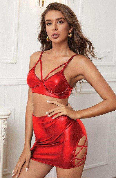 Kadın Fantezi Deri Kostüm Harness Erotik Kıyafet 21035 Kırmızı - Royaleks