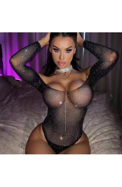Kadın Göğüs Dekolteli Taşlı File BodySuit Siyah Vucut Çorabı 1003