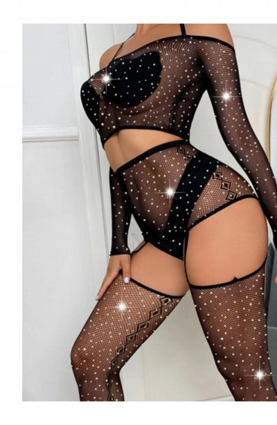 Kadın Göğüs Dekolteli Taşlı Jartiyer BodySuit Siyah Vucut Çorabı 1004