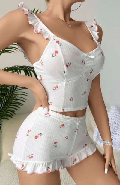 Kadın Gül ve Kiraz Desenli Şortlu Gecelik Takım 5112