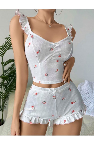 Kadın Gül ve Kiraz Desenli Şortlu Gecelik Takım 5112