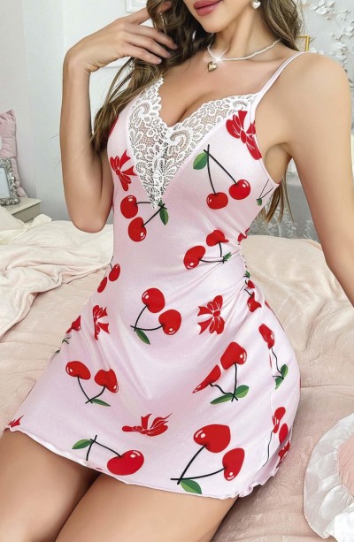 Kadın Kiraz  Desenli Dantel Detaylı  Askılı  Elbise 5067