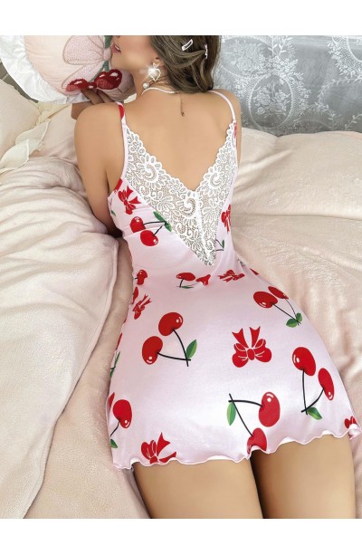 Kadın Kiraz  Desenli Dantel Detaylı  Askılı  Elbise 5067
