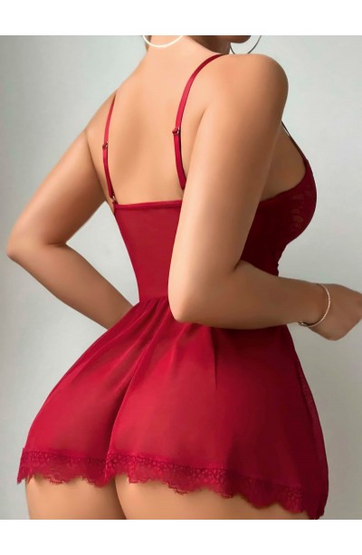 Kadın Kırmızı Dantel Detaylı Bağlamalı Fantezi Kostüm 2248
