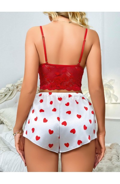 Kadın Kırmızı Kalp Desenli Şort Askılı Dantel Üst Pijama Takımı 2218