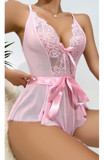 Kadın  Kontrast Dantel Kemerli Teddy Body Gecelik 2118