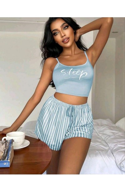 Kadın Mavi Çizgili Desenli Askılı Şortlu Pijama Takım 5001
