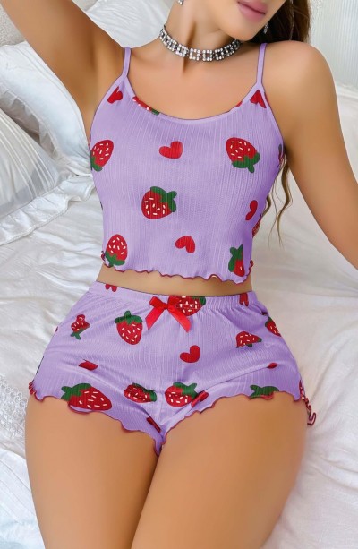 Kadın Mor Çilek desenli Şortlu Pijama Takımı 5061