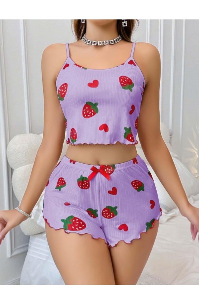Kadın Mor Çilek desenli Şortlu Pijama Takımı 5061