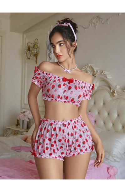 Kadın Pembe Çilek Desenli Fantezi Şort takım 2156