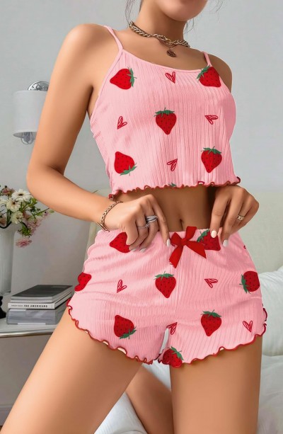 Kadın Pembe Çilek desenli Şortlu Pijama Takımı 5056