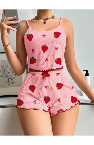 Kadın Pembe Çilek desenli Şortlu Pijama Takımı 5056