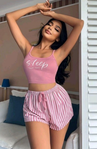 Kadın pembe çizgili desen Askılı Şortlu Pijama Takım 5002