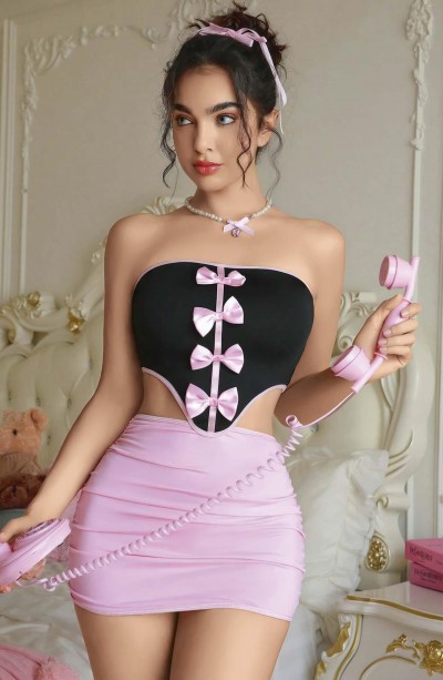 Kadın Pembe Etekli Fiyonk Detaylı Fantezi Elbise 2154