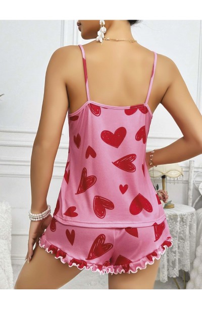 Kadın Pembe Kalp Baskılı Şortlu Gecelik Pijama Takımı 5050